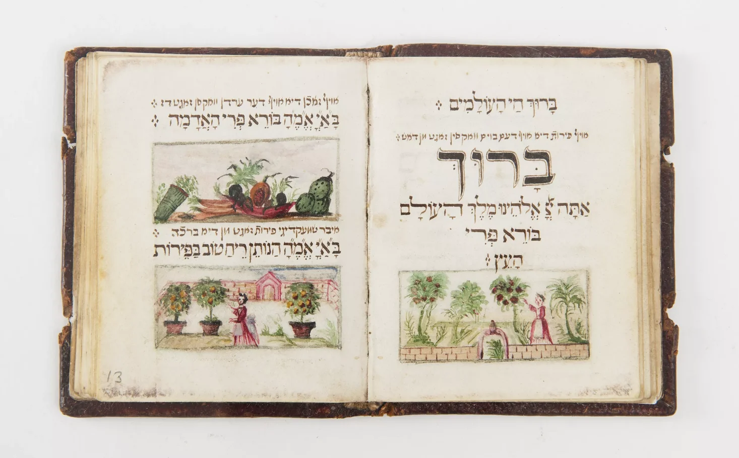 Na stronie ksiązki dwie kolorowe ilustracje. Górna pokazuje różne warzywa, dolna pokazuje kobietę przed drzewami owocowymi. W tle widoczny dom.