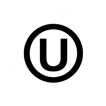 Gruba czarna obwódka okręgu, W środku na białym tle czarna, duża litera U.
